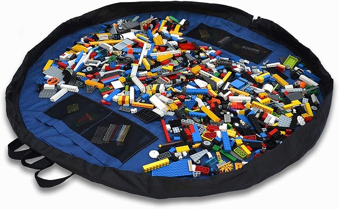 Lay-n-Go Layflat Portable Drawstring Cinch Storage Toy & Mini Figures Organizer & Play Mat, Mesh Pockets, Home & Travel, Kids & Toddlers Playdates, 2 Straps for Backpack, Durable, Machine Washable