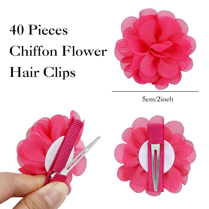 Cinaci 40 Pieces 5cm/2" Solid Chiffon Flower Hair Clips Barrettes Non Slip Floral Hair Pins Accessories for Baby Girls Toddlers Kids Teens