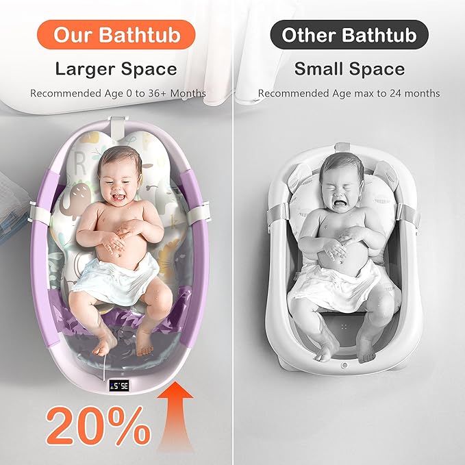 Collapsible Baby Bathtub - Large Baby Bath Tub with Thermometer & Cushion | Travel Portable Newborn Infant Bathtub | Foldable Toddler Bathtub for Baby 0 to 36 Months (Purple)