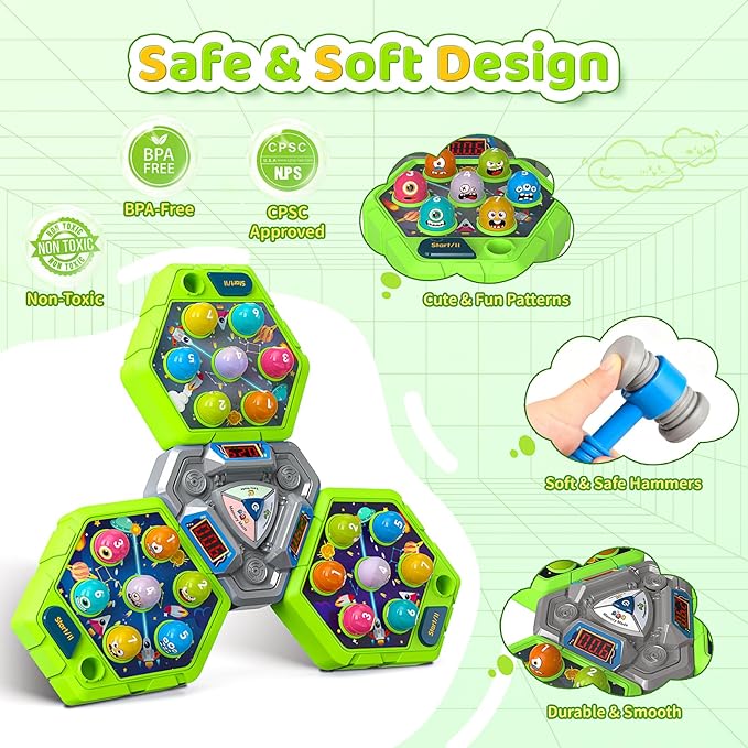Whack Game Mole for Toddlers, Toys for 3-12 Year Old Boys Girls, Interactive Educational Multiplayer Toys with 3 Modes & 3 Hammers, Sound & Light, Birthday Xmas Gifts for 3 4 5 6 7+ Year Old Boys Girl