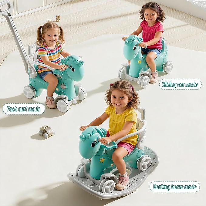 Rocking Horse for Toddlers 1-3 Years,4 in 1 Design, Kids Ride on Toy Balance Bike Push Cart with Detachable Balance Board,Fun Birthday Gifts-Blue