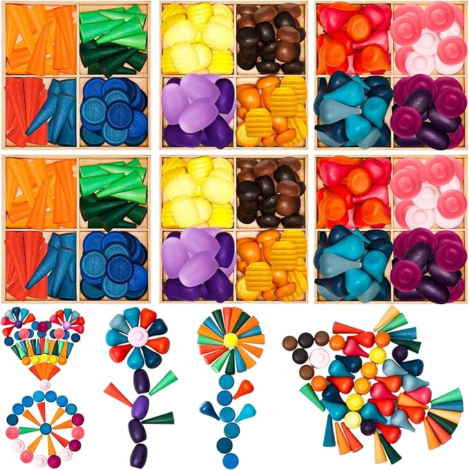 Chivao Loose Parts Play Materials Set Wooden Mandala Toys Kit Wood Sensory Play Toys 27 Rainbow Color 7 Shapes Loose Parts for Teens Students Early Learning Materials (162)