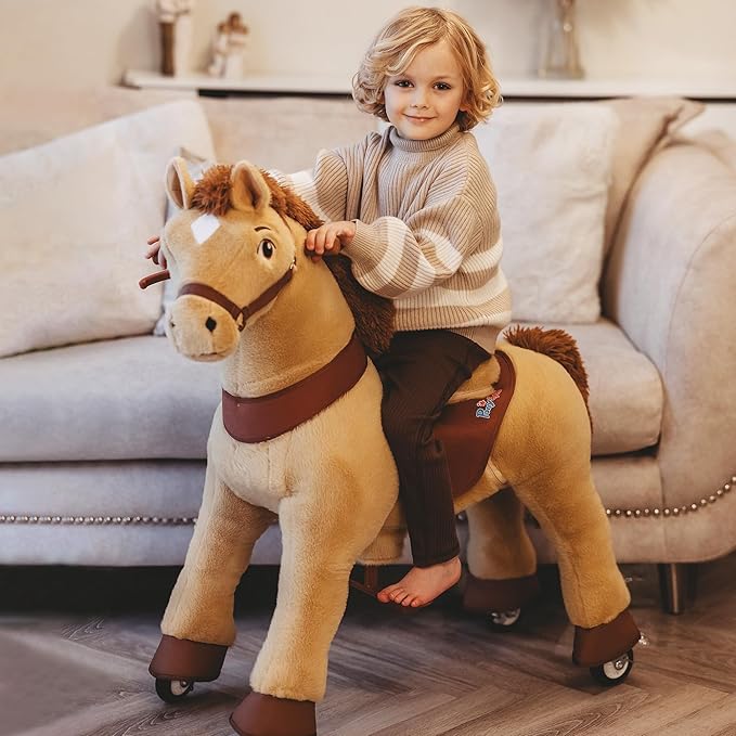 PonyCycle Ride on Horse Ride on Toys Riding Horse Ride on Pony for Toddlers 3-4 with Brake Essential Model E (30" Height/Size 3/ Light Brown) Riding Toys for Kids Gifts Plush Animal Pony Ride E336