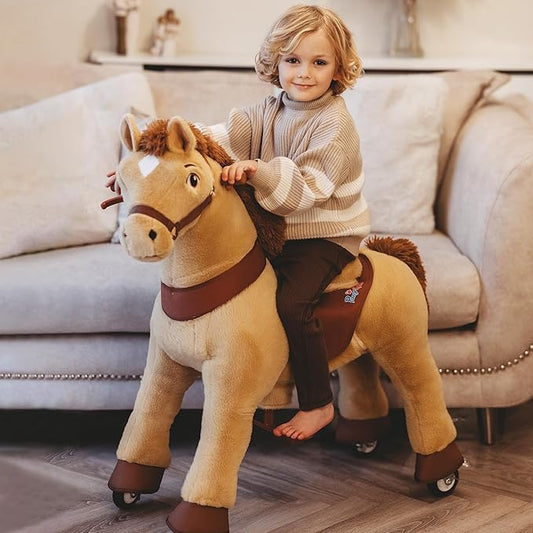 PonyCycle Ride on Horse Ride on Toys Riding Horse Ride on Pony for Toddlers 3-4 with Brake Essential Model E (30" Height/Size 3/ Light Brown) Riding Toys for Kids Gifts Plush Animal Pony Ride E336