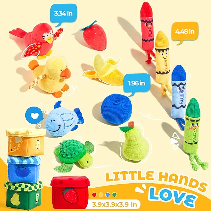 JoyCat Montessori Baby Toys 6-12 Months, 12 PCS Sensory Color Sorting Boxes with Animal Fruit Crinkle Crayon Pushies, First Learning Toys for 1 Year Old Baby Toys 0-12 Months