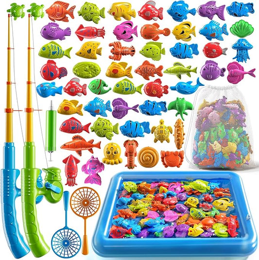PEADUCK Magnetic Fishing Game Pool Toys Set for Kids 3-5, Water Table Bathtub Toys with Inflatable Pool Pole Rod Net Plastic Floating Fish, Outdoor Toys for Kids Boys Girls Age 3 4 5 6 7 8 Year Old