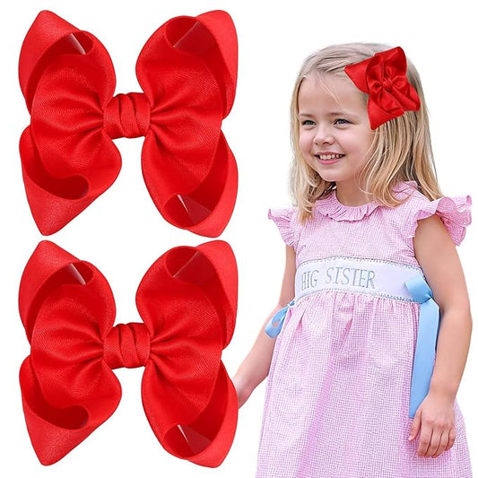 OAOLEER 2PCS 3.5inch Hair Bows for Girls，Red Stain Ribbon Hair Bows Alligator Clips Hair Accessories for Back To School Teen Toddler Girls Kids (Red)