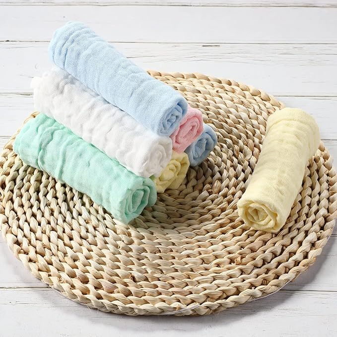 Chumia 30 Pcs Baby Muslin Washcloths Muslin Burp Cloths Baby Towel Natural Cotton Burp Cloths Wipes Soft Newborn Face Towel Absorbent for Face Bath Shower, 12 x 12''(Blue, White, Green, Yellow, Pink)