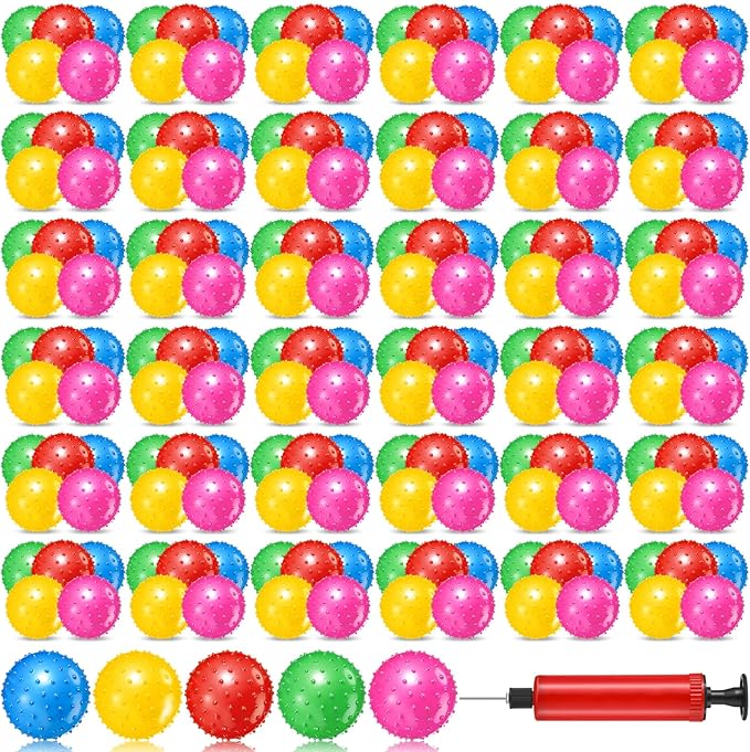 Lenwen 200 Pcs Kids Knobby Balls 6.3 Inch Soft Bouncy Balls Bulk for Toddlers Inflatable Sensory Toys with Air Pump Spiky Massage Stress Toys for Kindergarten Playground Backyard Pool, 5 Color
