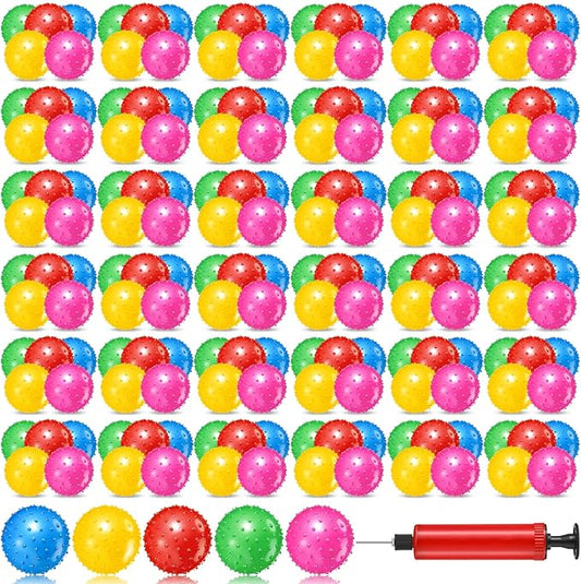 Lenwen 200 Pcs Kids Knobby Balls 6.3 Inch Soft Bouncy Balls Bulk for Toddlers Inflatable Sensory Toys with Air Pump Spiky Massage Stress Toys for Kindergarten Playground Backyard Pool, 5 Color