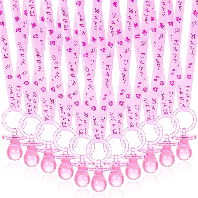 ZYFLSQ 60 Pieces Baby Shower Pacifiers Necklace, Acrylic Pacifier Necklaces for Baby Shower Games Girl Charm, Party Favors, Decorations DIY, Gender Reveal Table Scatter(Pink)