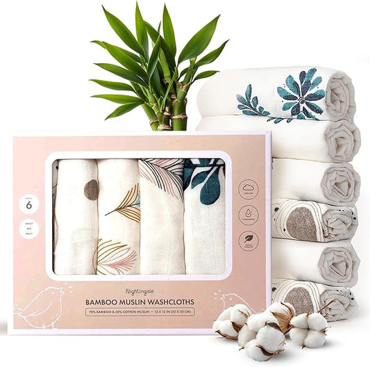 Nightingale Baby Washcloths, Rayon from Bamboo Baby Clothes Organic Wash Cloths with Cotton, Newborn Bath Essentials, Burping Cloths for Babies, Face Towels Reusable 12"x12" (Feather) 6 Pack
