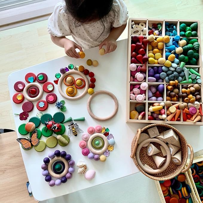 Candywood Large Set Rainbow Color Style Wooden Loose Parts Sensory Play Toys, 7 Shapes, 27 Colors, Rainbow Stacker Nesting Toys (162 PCS)