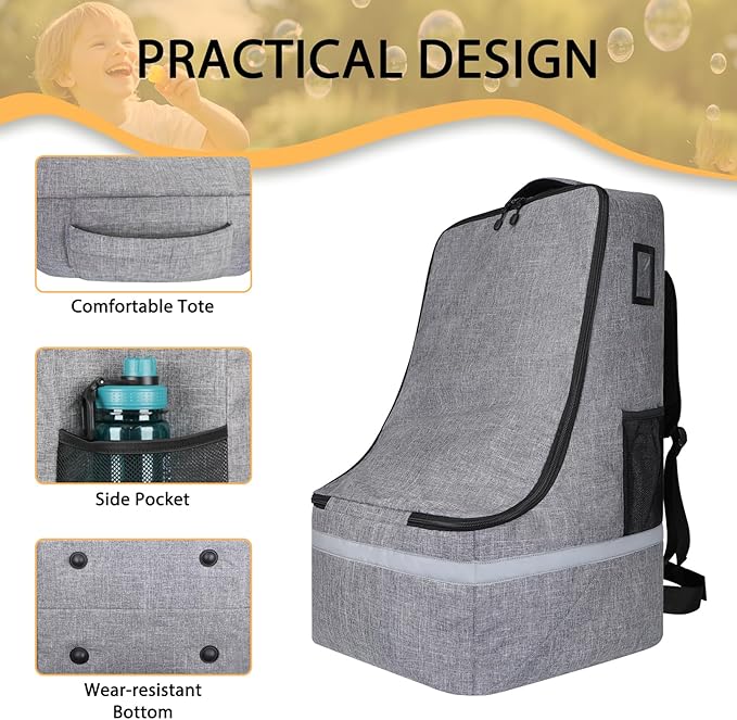 LARIPOP Car Seat Travel Bag for Airplane, Universal Gate Check Car Seat Bag, Padded Backpack with Waist Belt, Reflective Strips & Protective Feet, Fits Infant Convertible Booster Seats, Grey