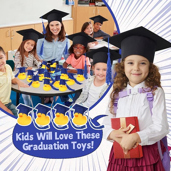 Jerify 48 Pcs Graduation Rubber Ducks with Grad Cap 2026 Diploma Grad Rubber Duck Graduation Party Bath Pool with Storage Bag for Student Gifts Party Favor(Blue)