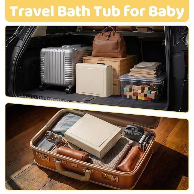 Collapsible Baby Bathtub for Newborn to Toddler, Foldable Toddler Bathtub with Drain Plug, Non-Slip Portable Infant Bath Tub for Travel, Storage & Outdoor Use, Beige
