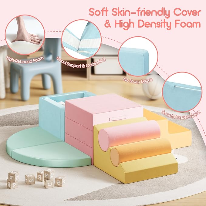 smilesun 12 PCS Foam Climbing Blocks for Toddlers with Ball Pit, Safe Soft Play Gym Set，Baby Kids' Indoor Playground Foam Blocks for Crawling, Climbing Motor Skills Development（Colorful）