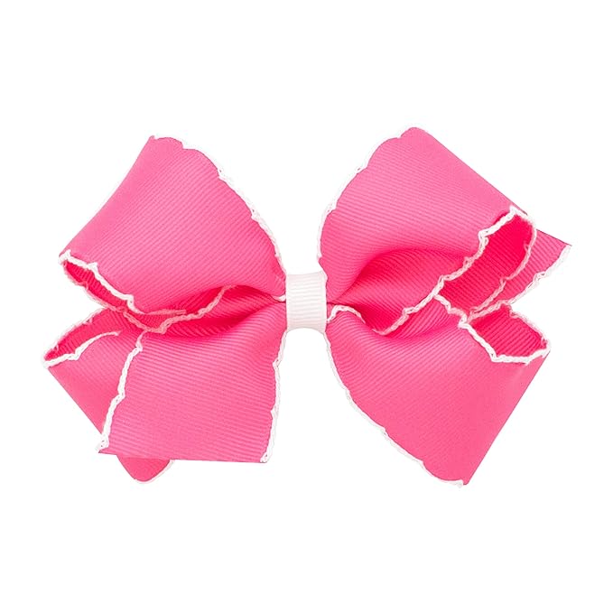 Wee Ones Girls' Classic Grosgrain Moonstitch Edge Hair Bow, No-Slip Hair Clip, Handmade, Hot Pink with White, Medium