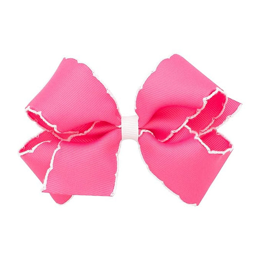 Wee Ones Girls' Classic Grosgrain Moonstitch Edge Hair Bow, No-Slip Hair Clip, Handmade, Hot Pink with White, Medium