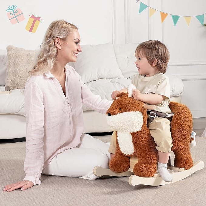 labebe - Baby Rocking Horse, Brownish Red Fox Rocking Horse with Seat Belt, Plush Animal Rocker for Kids, Stuffed Rocker Toy for Children 6M-3 Years Old Girl&Boy