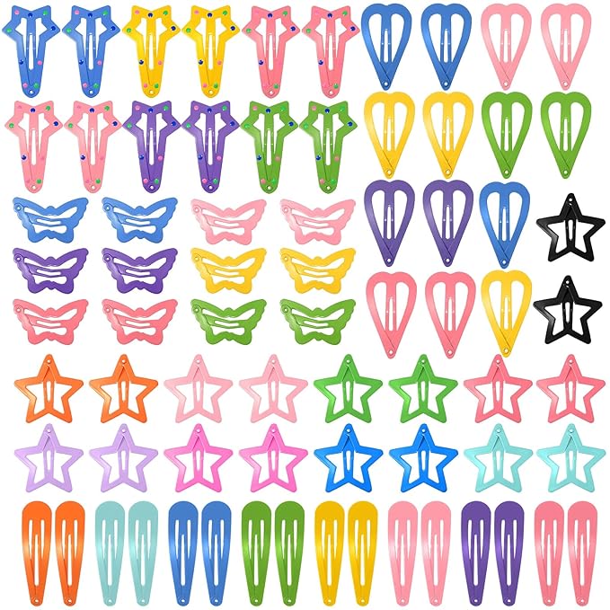 obeoby 82 Pcs Colorful Hair Clips for Girls, 5 Shapes Cute Metal Snap Hair Clips Heart Star Butterfly Barrettes for Kids Baby Toddlers Accessories Daughter Birthday Gifts Graduation