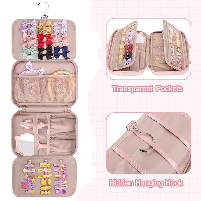 Fasrom Hair Accessories Organizer for Girls, Hanging Hair Bow Storage Bag for Kids Hair Clips, Headband, Hair Ties and Scrunchies Holder, Pink (Empty Bag)