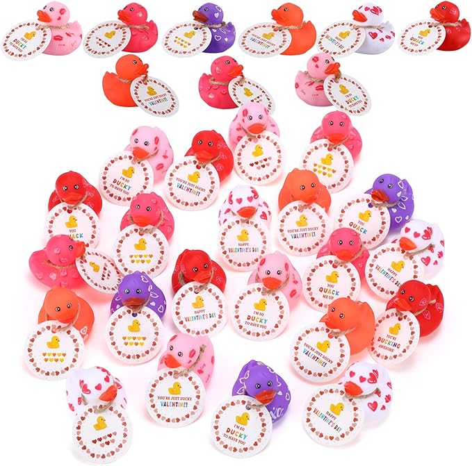Jerify 48 Pcs 2 Inch Valentines Ducks for Kids Classroom Exchange Gifts Valentine's Day Rubber Ducks with Gifts Cards Mini Heart Rubber Duckies Valentines Party Favors Toys, 6 Styles (Novel)