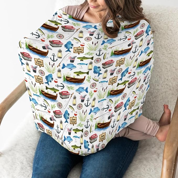 Gone Fishing Baby Car Seat Covers Fishing Lover Gift Stretchy 5-in-1 Cover Adjustable Car Canopy Cover Camping Adventure Vacation Outdoors Breathable Nursing Cover-Up