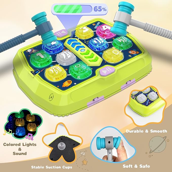 Whack Game Mole Toy for Toddler, Toys for 3 4 5 6+ Year Old Boys/Girls, Interactive Educational Pounding Toys with 2 Hammers, Music & Light, 3 Modes, Birthday Xmas Gifts for Boys Girls Kids Age 3-8