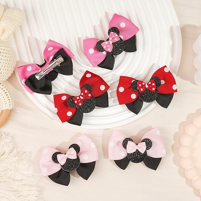 6PCS Mouse Ears Hair Clips for Toddler Girls 3 Inch Hair Bows for Baby Girls Birthday Party Costume