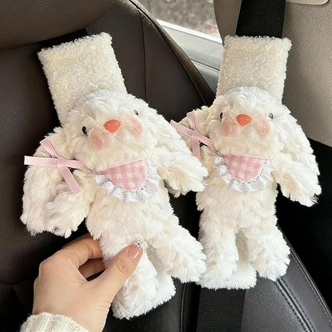 2 PCS Seat Belt Cover Pad, Cute Kawaii Animal Bunny Seatbelt Covers for Kids and Adults, Winter Plush Fluffy Soft Seat Belt Cover, Cartoon Seatbelt Cushion,Car Seat Strap Pads (A-Bunny(Pink))