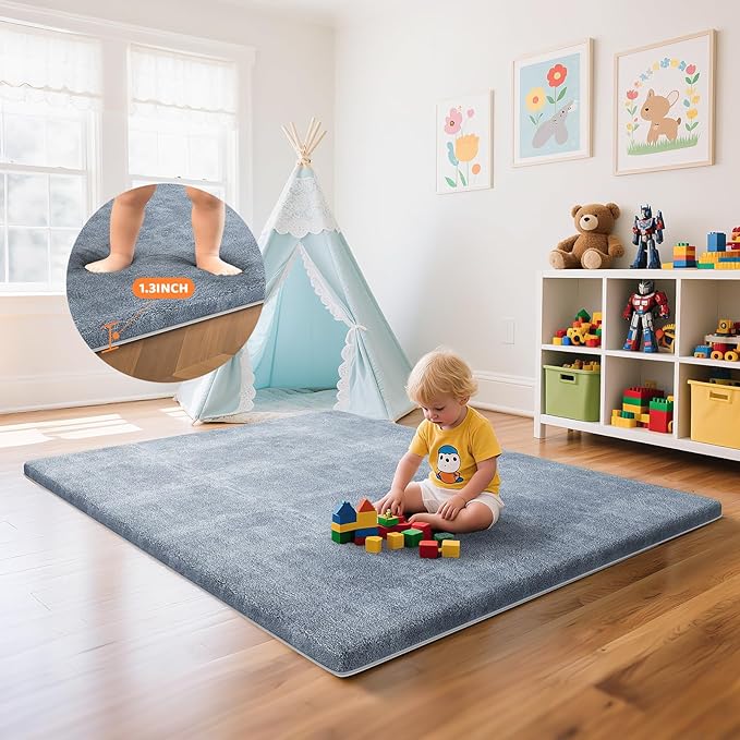 Omzer Baby Play Mat for Floor - 1.3" Thick Foam 71x79 Inch Playpen Mats with Removable & Washable Cover for Tummy Time, Soft Coral Velvet & Non-Slip Crawling Pad for Babies, Toddlers, Infants - Grey