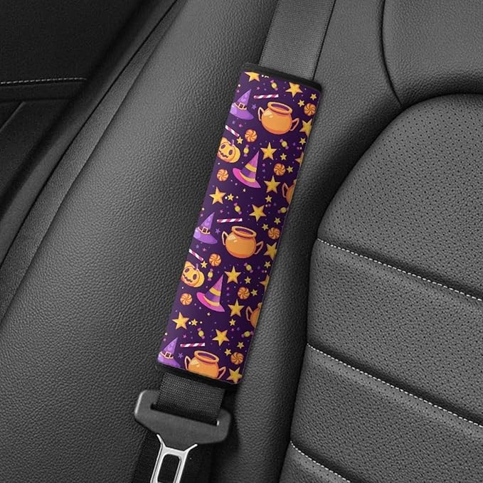 Biyejit Halloween Car Seat Straps Shoulder Pads for Baby Kids, 2 Pack Boys Girls Super Soft Seat Belt Covers for All Car Seats/Pushchair/Stroller, Starry Hats Pumpkins