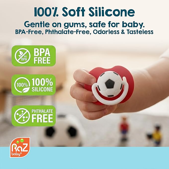 RaZbaby Soccer Pacifier - BPA-Free Silicone Orthodontic Nipple, Ideal for Soccer Lovers, 0-36 Months - 2-Pack Soccer