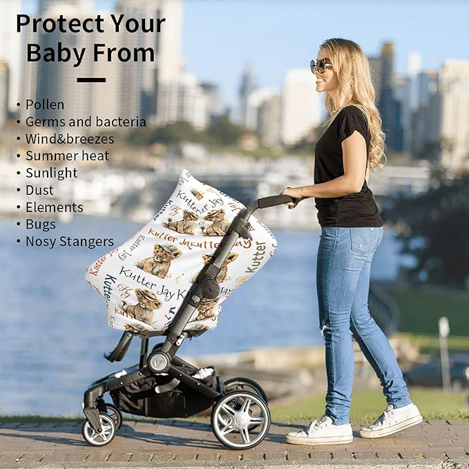 Personalized Lion Baby Car Seat Cover with Name,Multi-Use Canopy for Nursing, Strollers,Shopping Carts,Customized Breastfeeding Cover, Full Privacy,Infant Stroller Cover
