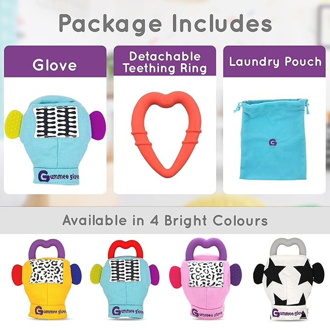 Gummee Glove Baby Teething Mitten 6 Months + Premium Quality Detachable Teether Ring and Travel Bag - Turquoise - Undroppable - Soothe Babies Painful Gums Naturally
