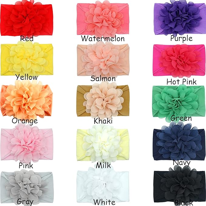 CÉLLOT 15 Pieces Baby Girls Headbands Tulle Hair Bows Head Wraps Chiffon Flowers Bows Soft Stretchy Turban Headbands for Newborn Infant Girls and Toddlers