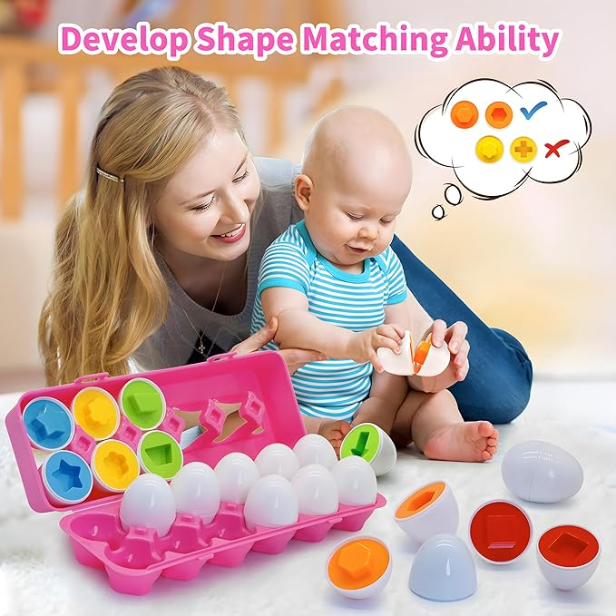 MOONTOY Montessori Matching Egg, 12PCS Color & Shape Recognition Toy for Toddler 1-3, Educational Learning Eggs Toy with Pink Storage Case, Easter Eggs Basket Stuffers Gift for 1 2 3 Year Old Girl Kid