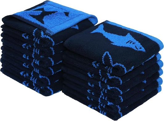 ORIGINAL KIDS Wash Cloth - Bath Time Shark Attack Set of 12 Washcloths - 100% Cotton Jacquard Super Soft Colorful Absorbent Quick Dry Easy Care Face Towel Face Cloth Gift - 12 x 12 - Navy Blue