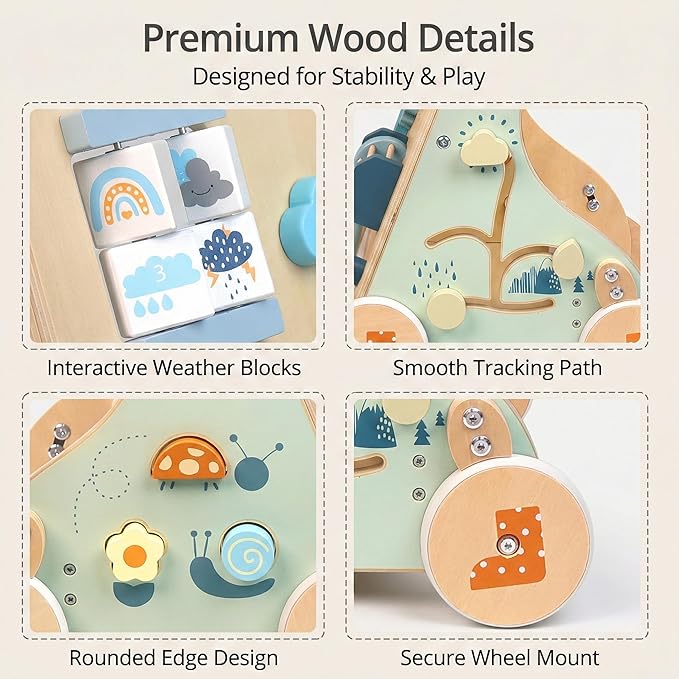 PairPear Wooden Baby Walker with Wheels, Speed & Height Adjustable Activity Push Walker Toy for Babies, Montessori Sit & Play Push Toy Gift for Toddlers 12+ Months