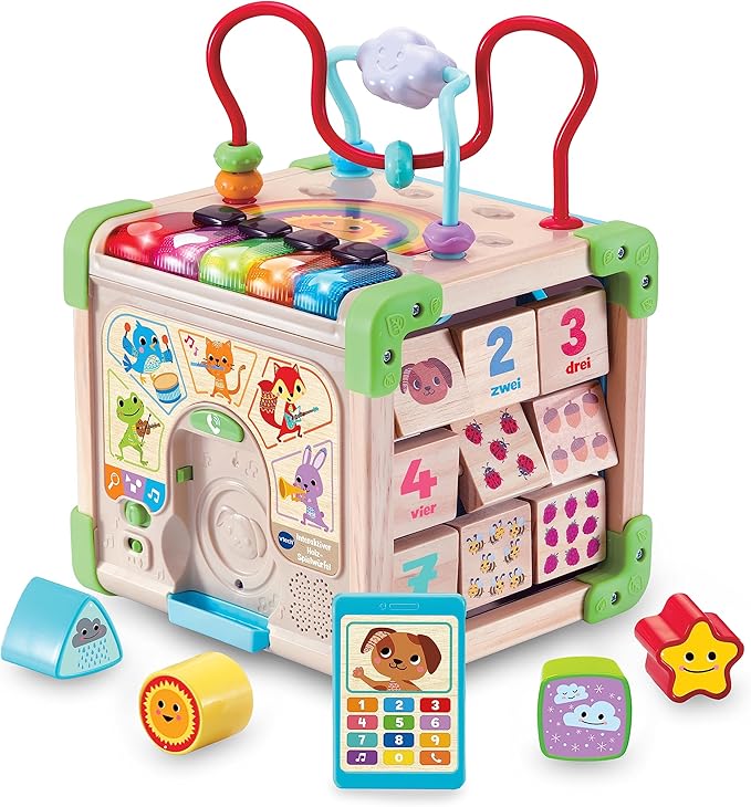 VTech Interactive Wooden Play Cube - Interactive Play Cube with FSC® Certified Wood - with Various Elements, Songs and Music - for Children Aged 12-36 Months