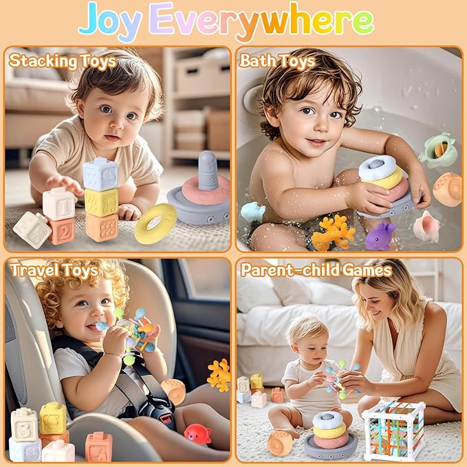 7-in-1 Montessori Baby Toys with Shape Sorter Sensory Bin, Stacking Cups, Soft Sea Animal Toys for 6-12-18 Months, Fun Bath Time Learning Developmental Toys Gifts for 1 2 3 Year Old Girls Boys