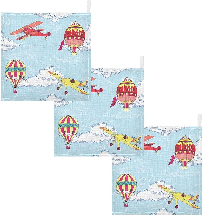 vvfelixl Hot Air Balloons Airplanes Baby Burp Cloths Baby Muslin Washcloths for Boys Girls Cotton Baby Face Towel for Newborn Infants Soft and Absorbent 11.8 X 11.8 in, 5 Pack