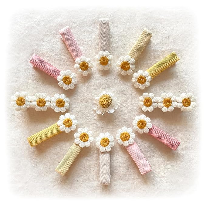 Cherssy 2" Daisy Flowers Hair Clips for Girls, 12 Pcs Cotton Fully Lined Alligator Clips, Non Slip Floral Baby Barrettes Hair Pins for Infant Toddler Kid School Girls' Gift