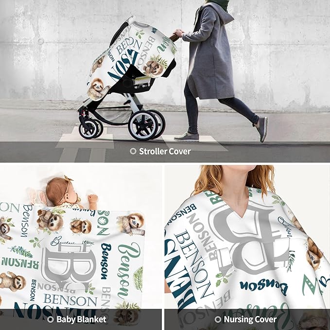 Personalized Winter Car Seat Covers for Babies with Name Sloth Minky Baby Car Seat Cover for Boys Girls Custom Infant Carseat Covers Baby Blanket Nursing Cover Breastfeeding Scarf