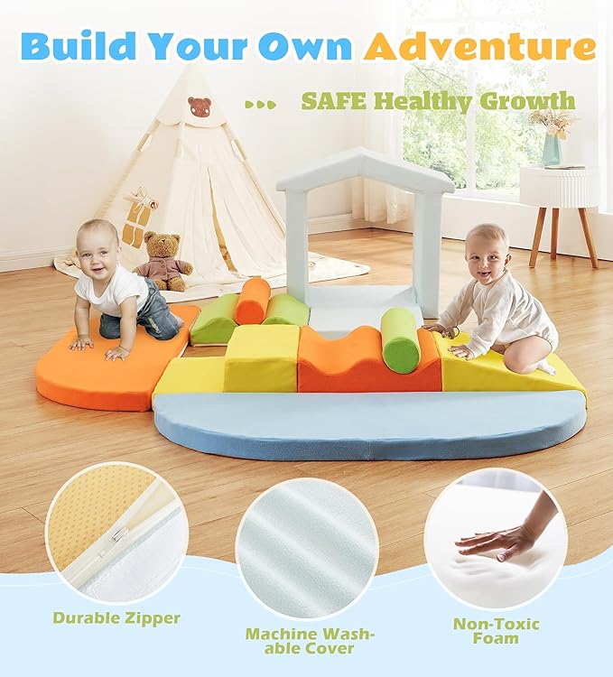 Elftopia 10-Piece Foam Climbing Blocks with Ramp & Stairs for Toddlers,Soft Play Gym Set,Foam Toddler Climbing Toys for Indoor Crawling,Sliding & Creative Play-Dynamic Color