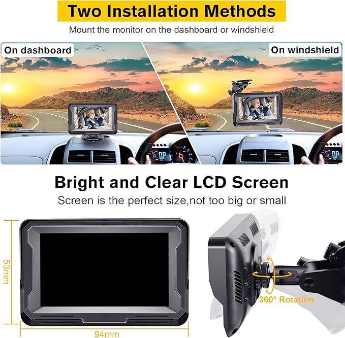 AMTIFO Baby Car Camera 1080P HD Plug-Play Monitor: 4.3 Inch IPS Display with Sun Visor - 150° Wide-Angle 360° Swivel Backseat Cam, Infrared Night Vision, Rabbit Design - Beige