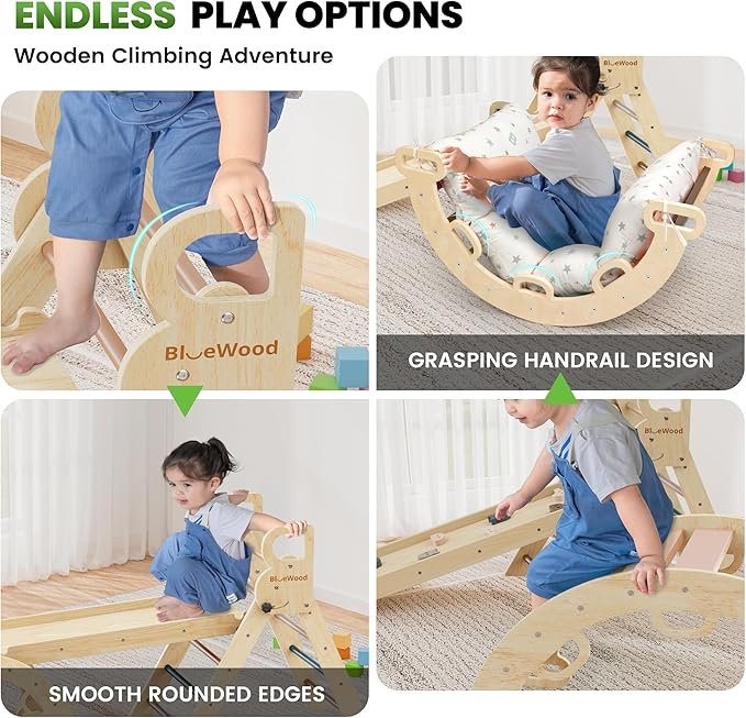 BlueWood Pikler Triangle Set with Cushion - Climbing Toys for Toddlers 9-in-1, Montessori Philosophy Play Jungle Gym with Arch, Ramp, Ladder (Pink)
