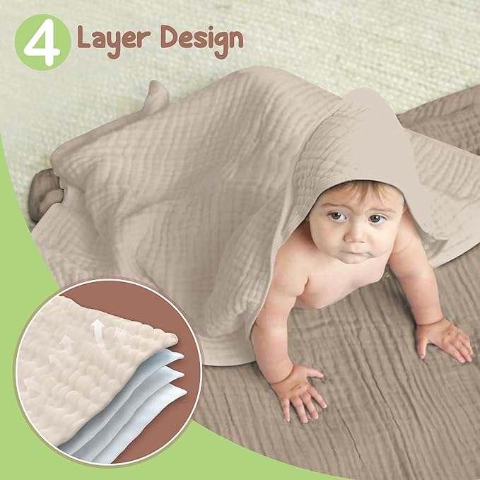 100% Organic Cotton Muslin Baby Hooded Towels 32x32 Inch – 2 Pack Soft & Absorbent Hooded Baby Towels For Boys & Girls, Premium Hooded Towels, Ultra-Gentle Baby Essentials in Deep Olive/Ivory