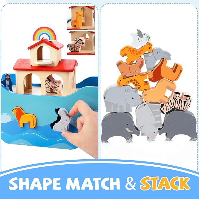 JUSTWOOD Wooden Noahs Ark Toy Animal Play Set, Bible Story Toys Baptism Gift for Boys and Girls Ages 1+ Years, Baby Shape Sorter Toy SS09